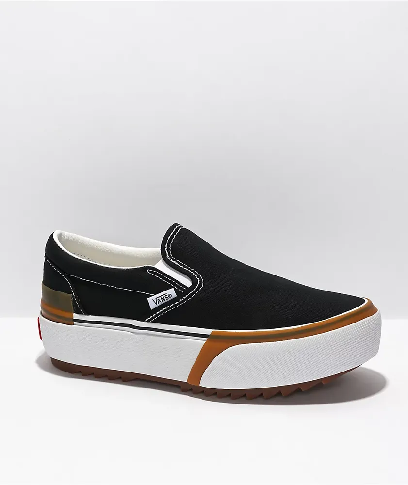 Vans Slip-On Stacked Black, White, u0026 Gum Platform Shoes | Hamilton Place