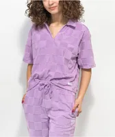 Vans Teri V Neck Lavender Checkered Terry Cloth Polo Shirt