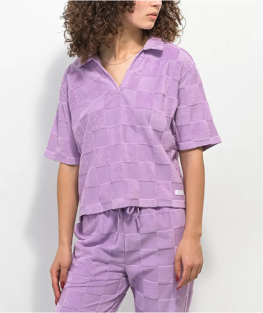 Vans Teri V Neck Lavender Checkered Terry Cloth Polo Shirt