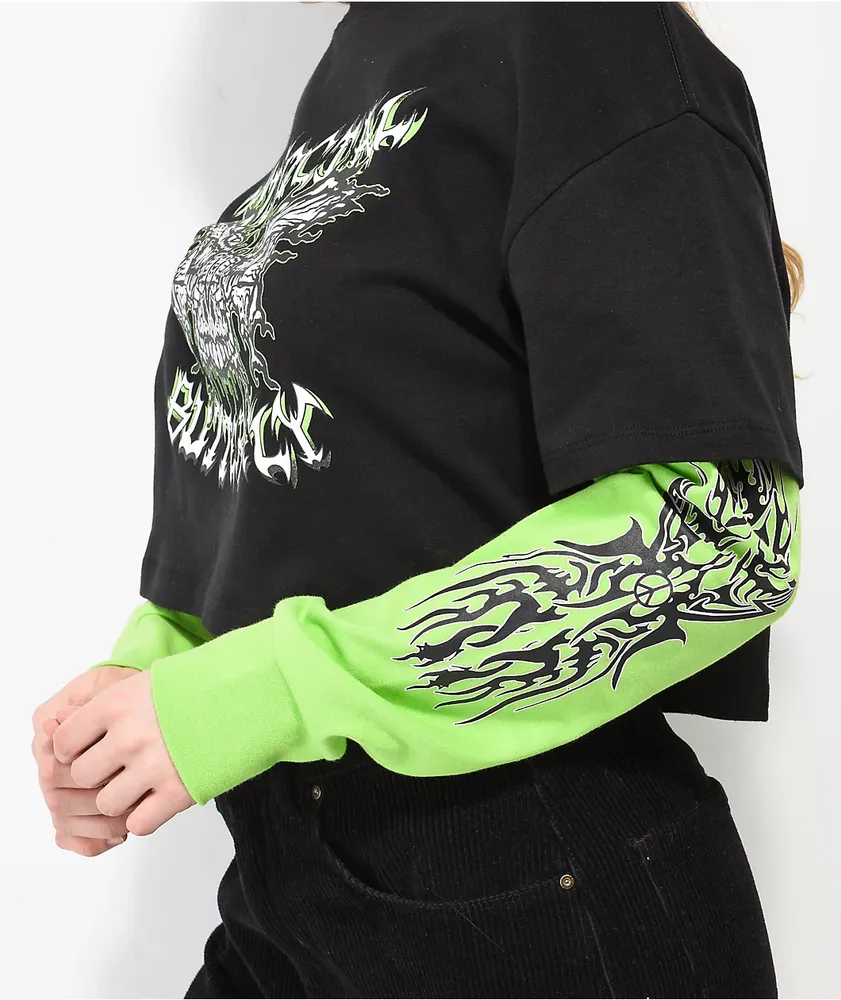 Vitriol Alexie Butterfly Green & Black 2fer Long Sleeve T-Shirt