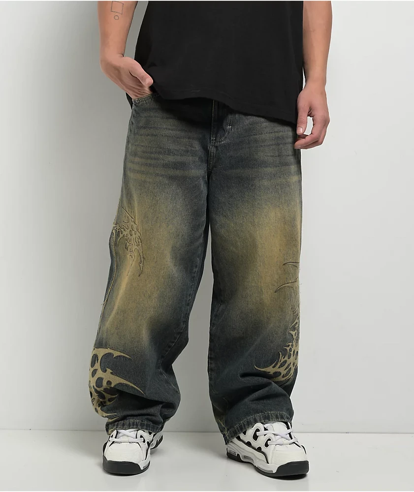 Vitriol Respawn Embroidered Blue Wash Ultra Wide Jeans