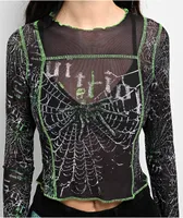 Vitriol Sahar Black & Green Mesh Long Sleeve Crop T-Shirt