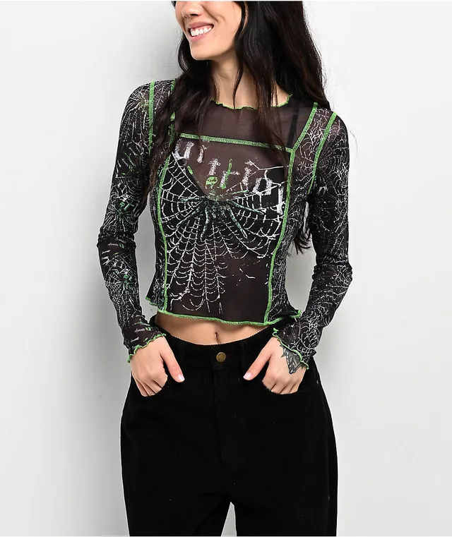 Hot Topic Thorn & Fable Green Lace Ruched Girls Crop Long-Sleeve Top