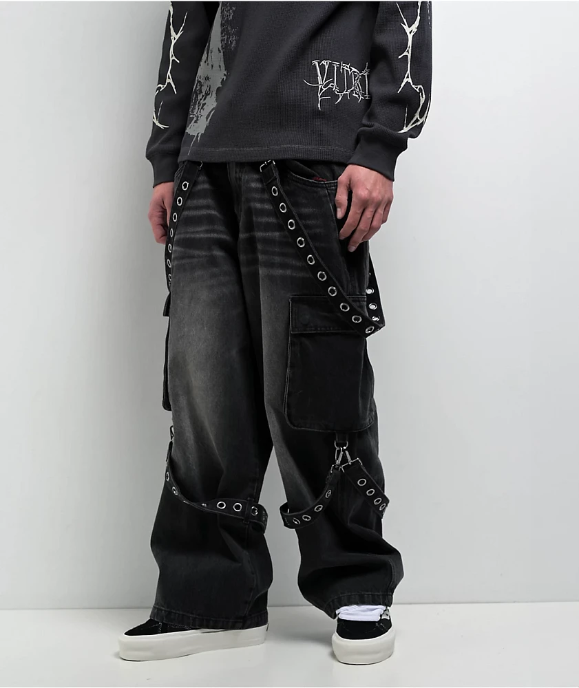 Vitriol Void Ultra Wide Strap Cargo Black Denim Jeans