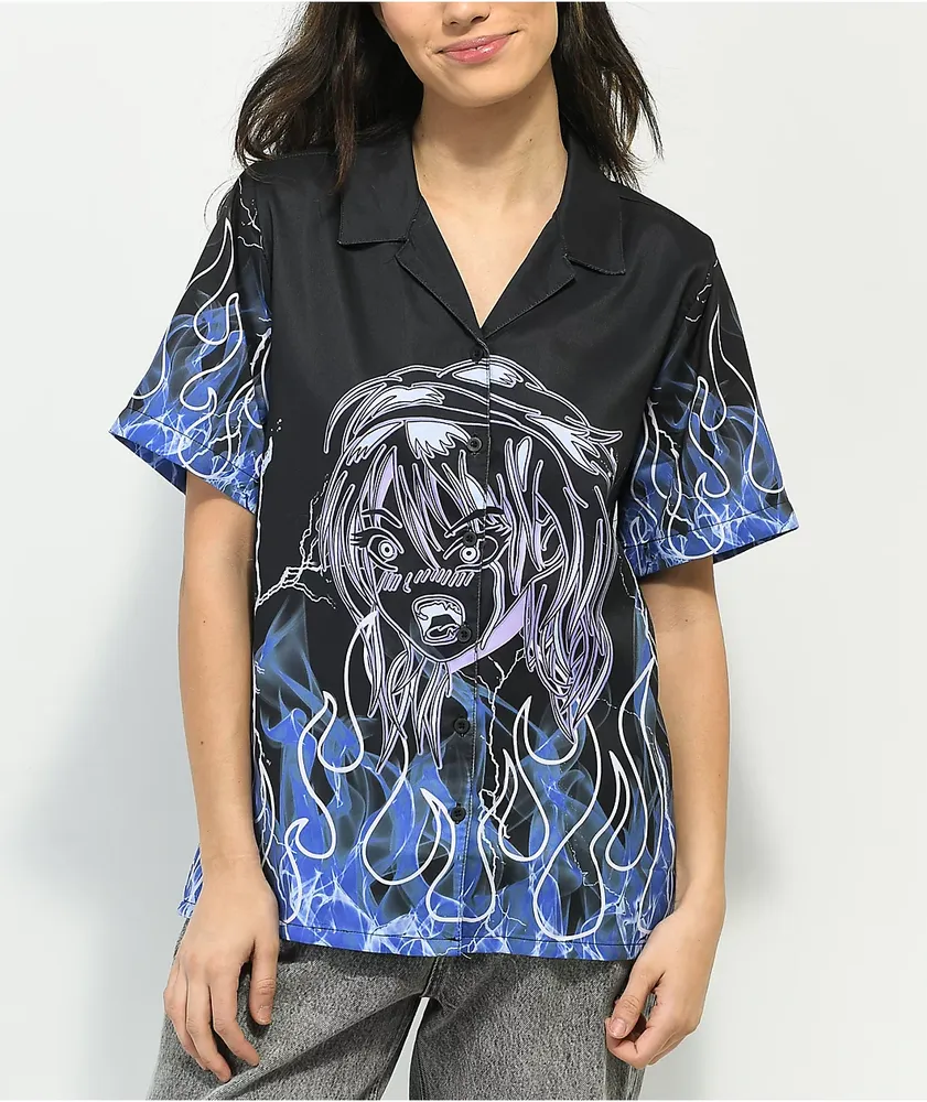 Vitriol Ziggy Anime Flame Black Short Sleeve Button Up Shirt