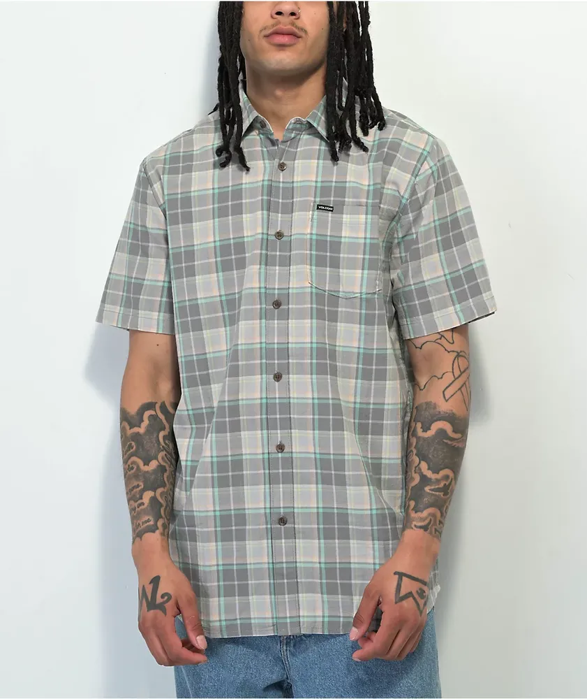 Volcom Benson Grey Plaid Short Sleeve Button Up Shirt