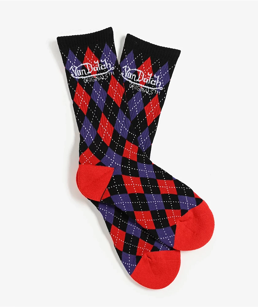 Von Dutch Argyle Purple & Red Crew Socks