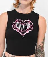 WHADAFUNK Pink Heart Black Crop Tank Top