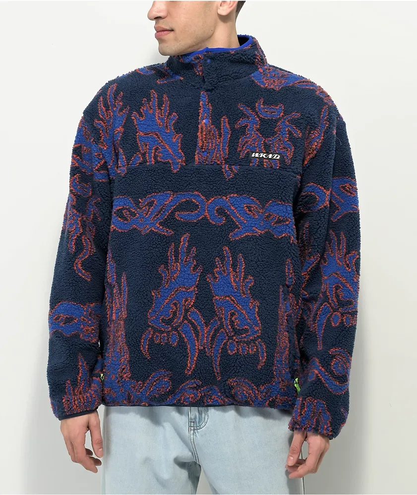 WKND Temple Fleece Navy Blue & Red Sherpa Jacket