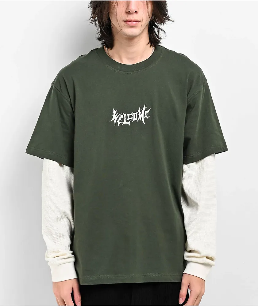 Welcome Batwing Dark Green 2Fer Long Sleeve T-Shirt 