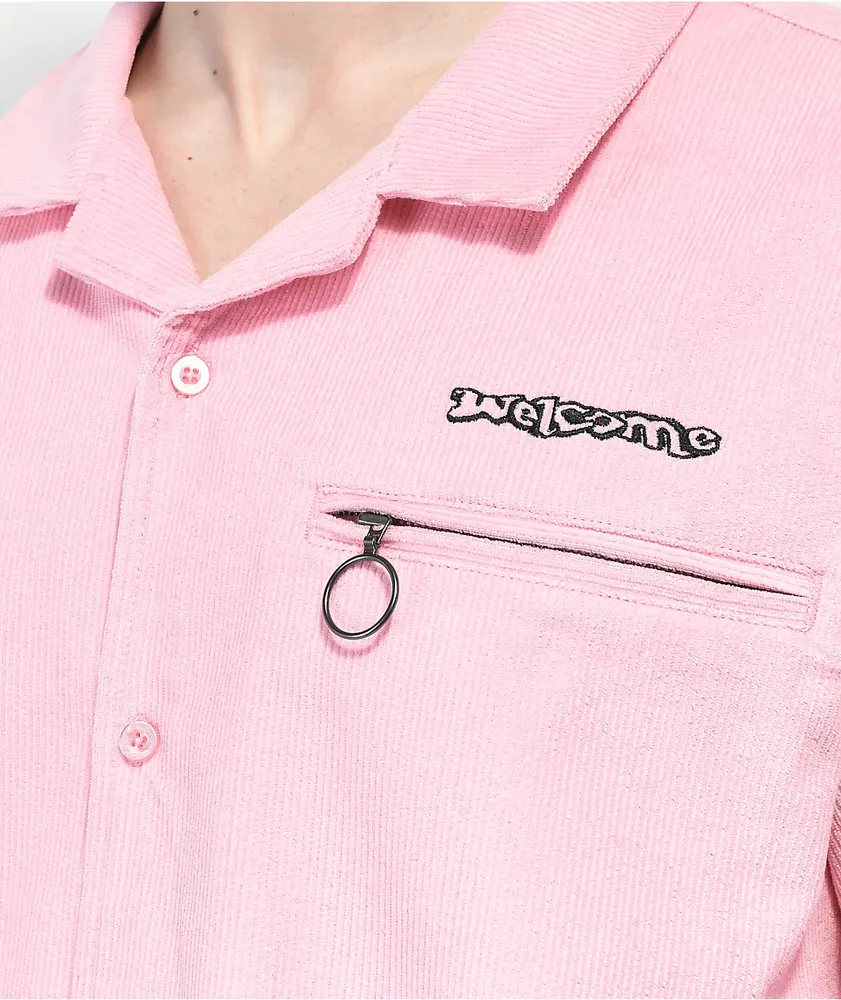 Welcome Recess Pink Corduroy Short Sleeve Button Up Shirt