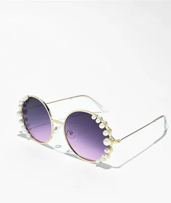 XL Pearl Gold & Purple Round Sunglasses 