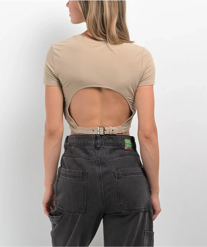 Zine Brianna Khaki Buckle Crop T-Shirt