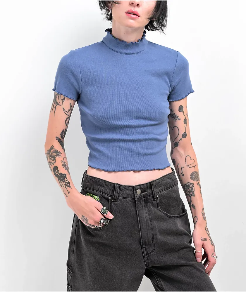 Ribbed Turtle Neck Crop Top Blue