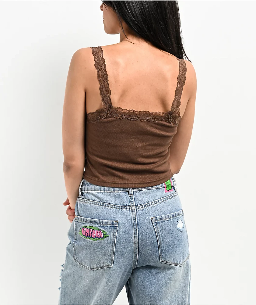 Zine Hallie Brown Lace Crop Tank Top