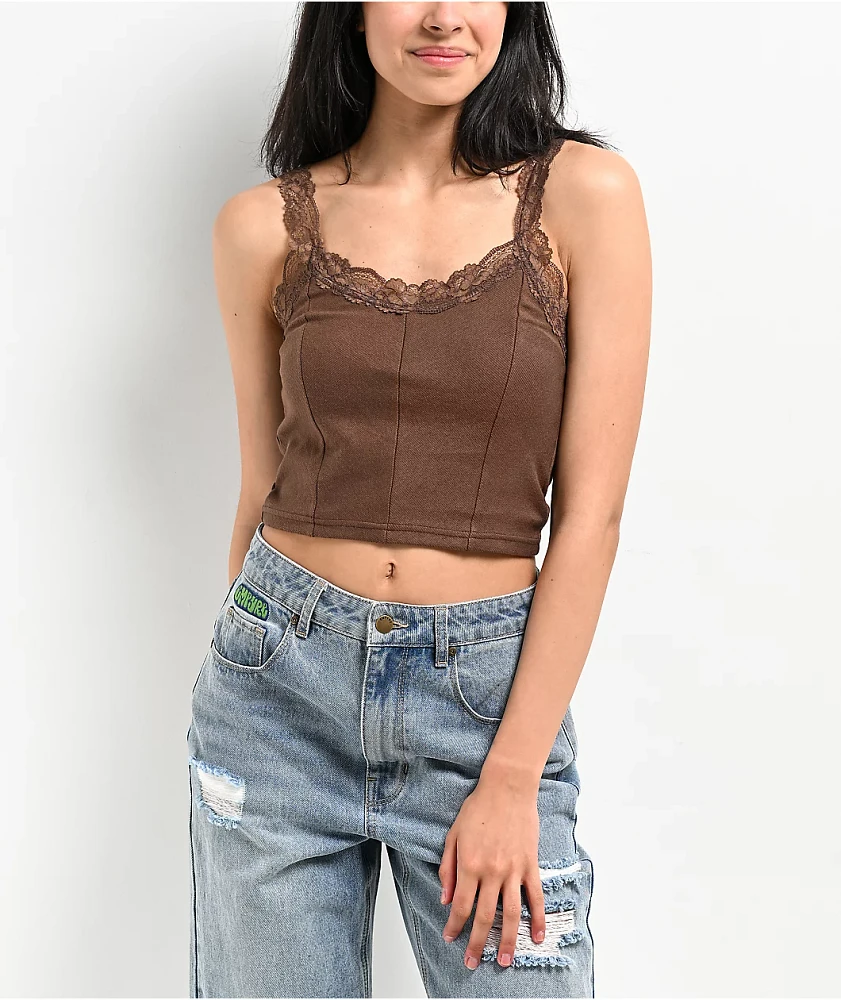 Zine Hallie Brown Lace Crop Tank Top