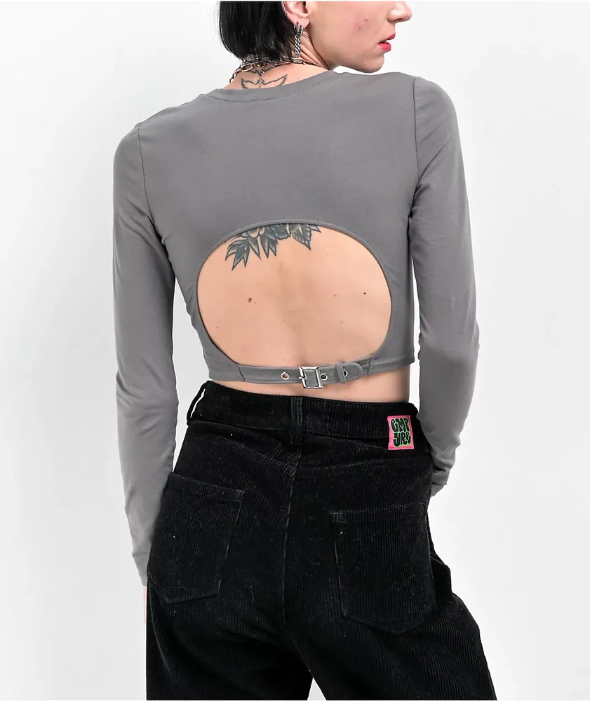 Zine Havanna Grey Buckle Long Sleeve Crop T-Shirt