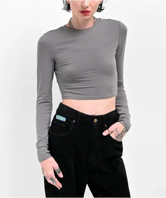 Zine Havanna Grey Buckle Long Sleeve Crop T-Shirt
