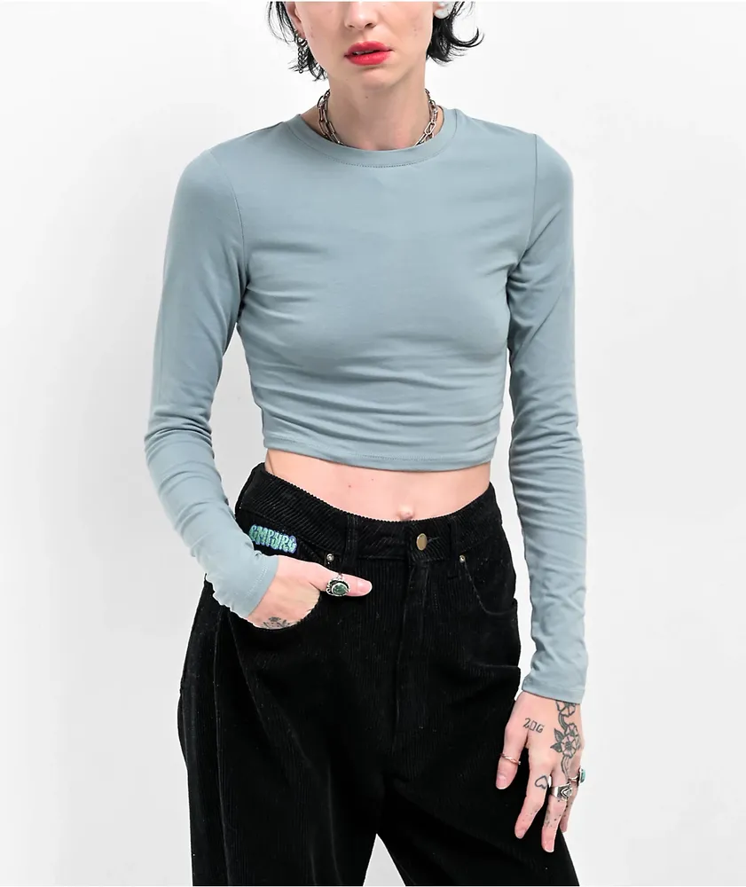 Long Sleeve Crop Top Open Back - Women - Evergreen