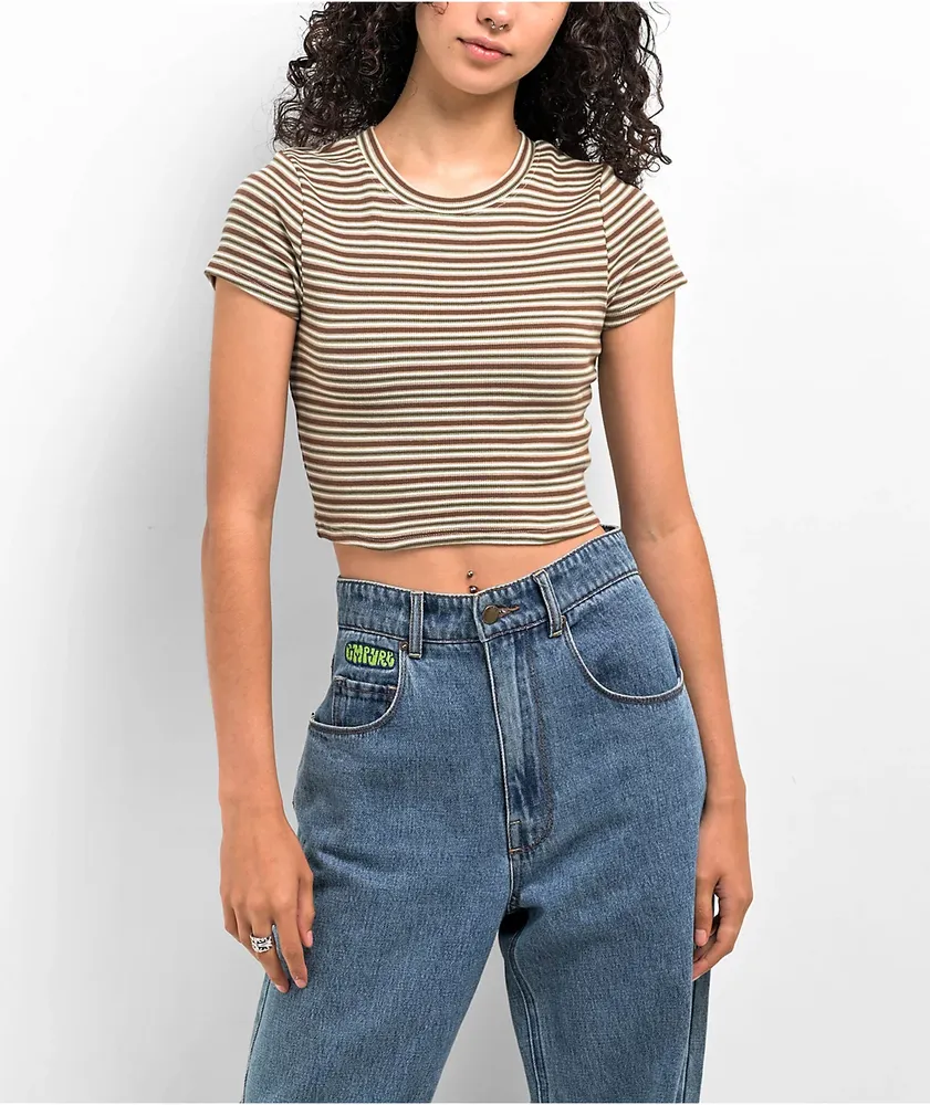 Zine Irina Green & Brown Crop Stripe T-Shirt