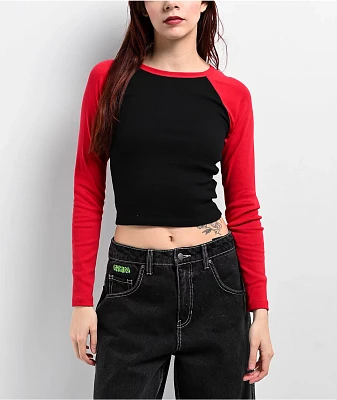 Zine Sam Red & Black Raglan Long Sleeve Crop T-Shirt