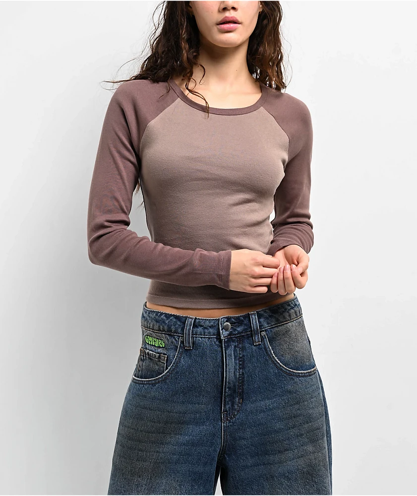 Zine Sam Taupe Raglan Long Sleeve Crop T-Shirt