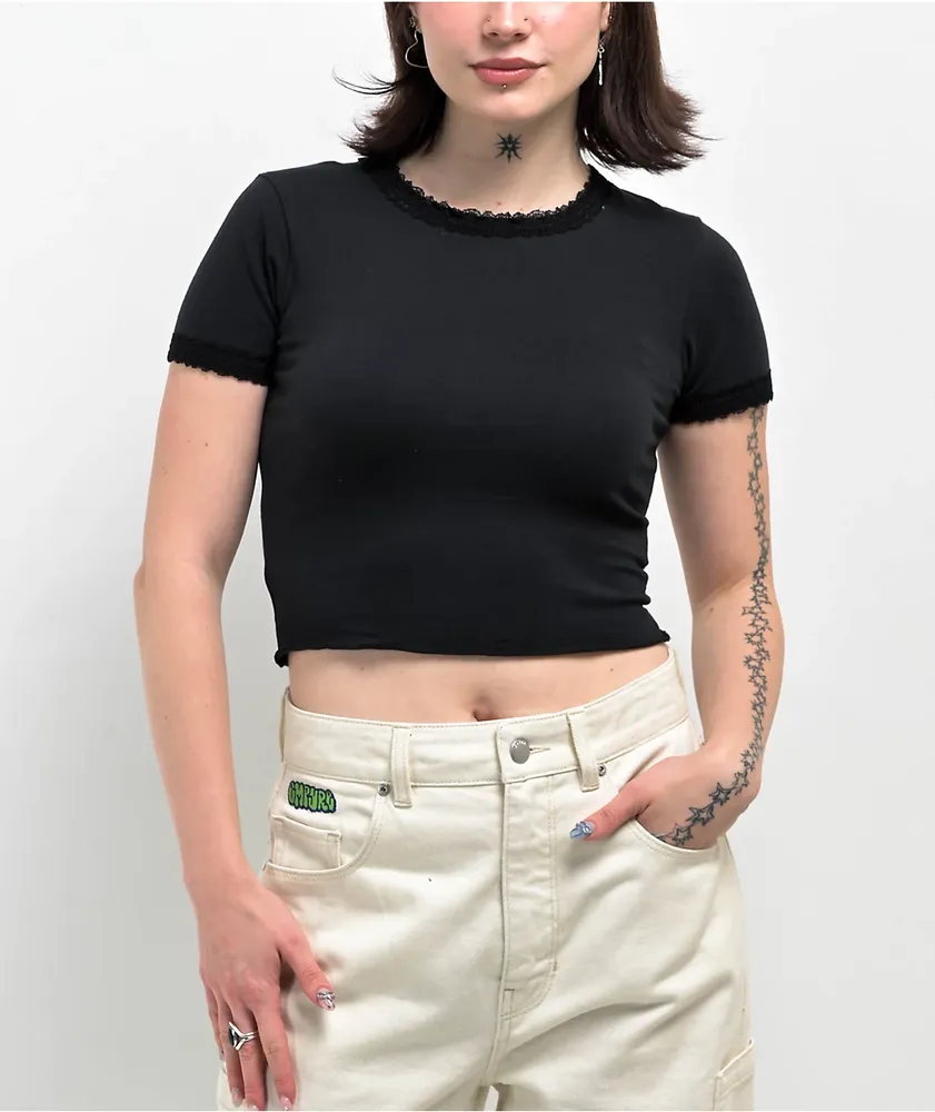 Zine Angie Lettuce Hem Black Crop T-Shirt