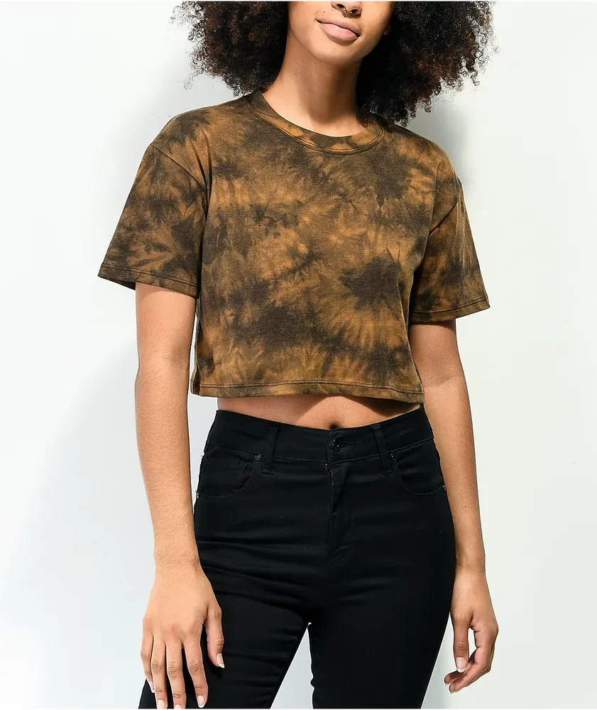 Zine Syd Orange & Black Tie Dye Crop T-Shirt