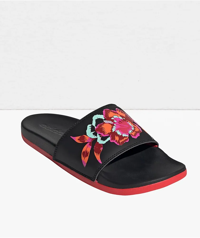 adidas Adilette Comfort Floral Black & Red Slide Sandals