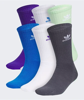 adidas Trefoil 6 Pack White, Blue & Green Crew Socks