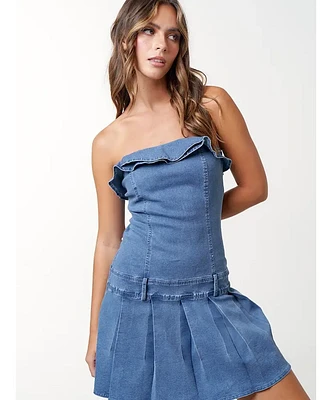 Sam Denim Ruffle Pleated Tube Mini Dress