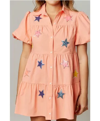 Starry Sequin Patch Shirt Dress