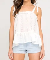 She + Sky - SL7495 Eyelet Flounce-Hem Cami Woven Top