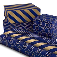 Hallmark All Occasion Wrapping Paper Bundle with Cut Lines on Reverse - Dark Blue and Gold (3-Pack: 105 sq. ft. ttl.) for Birthdays, Weddings, Valentine's Day, Graduations, Father's Day