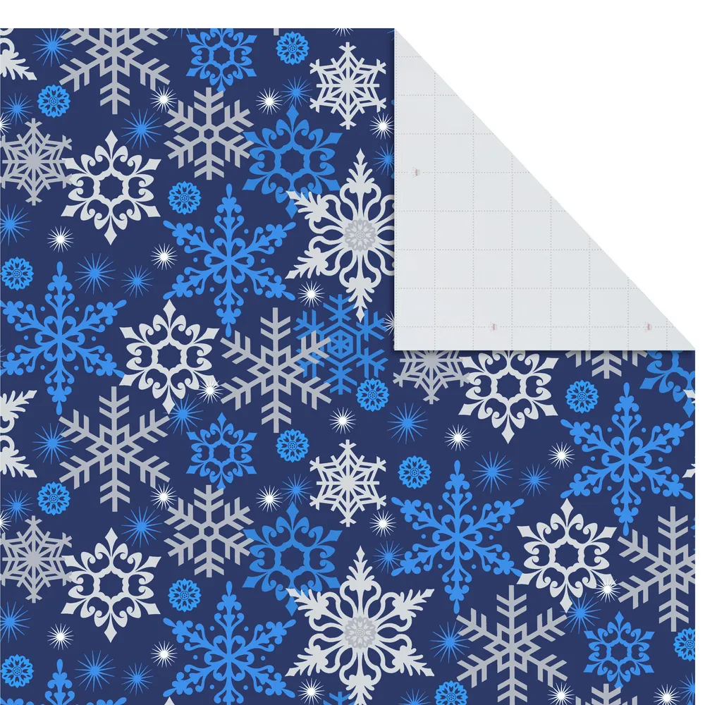 Flat Christmas Wrapping Paper Sheets with Cutlines on Reverse and Gift Tag Seals (12 Folded Sheets, 16 Gift Tag Stickers) Blue and Silver Snowflakes, Deer Forest Scene, Blue Tartan Plaid