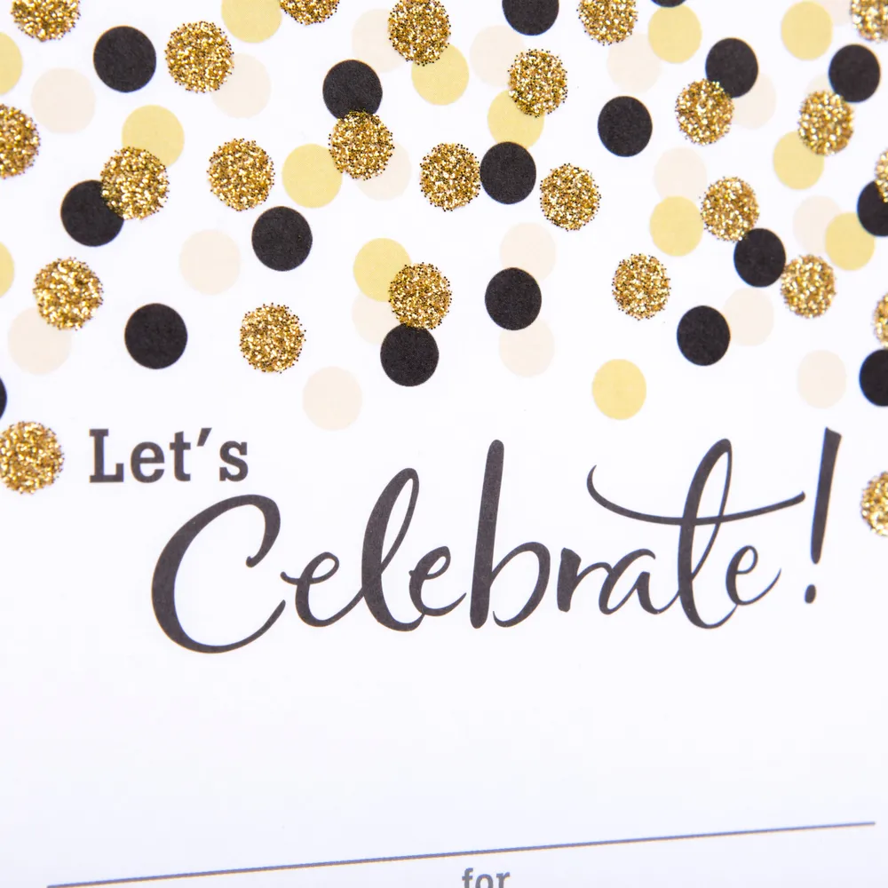 Party Invitations (Let's Celebrate with Gold and Black Dots, Pack of 20)