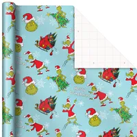 Grinch Wrapping Paper for Kids (3 Rolls: 105 Sq. Ft. Ttl) for Christmas with Blue Tiles, White Snowflakes, Cindy Lou Who, Max