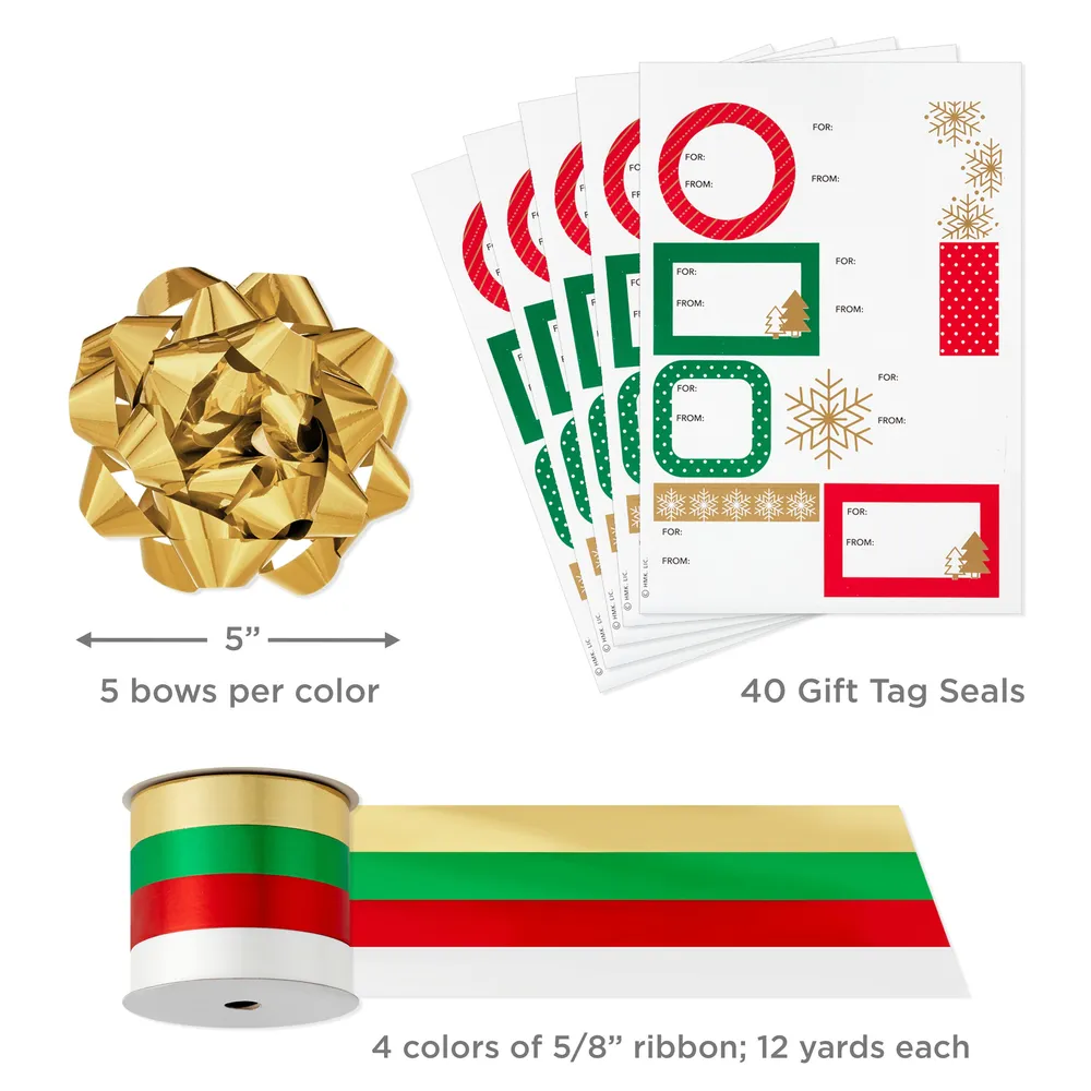 Red, Green, Gold Christmas Wrapping Paper Set (90 sq. ft. ttl, 10 Bows, 4 Ribbon Colors, 40 Gift Tag Stickers) Stripes, Snowflakes, Trees