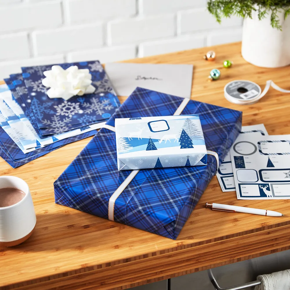 Flat Christmas Wrapping Paper Sheets with Cutlines on Reverse and Gift Tag Seals (12 Folded Sheets, 16 Gift Tag Stickers) Blue and Silver Snowflakes, Deer Forest Scene, Blue Tartan Plaid