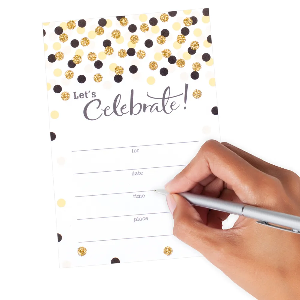 Party Invitations (Let's Celebrate with Gold and Black Dots, Pack of 20)