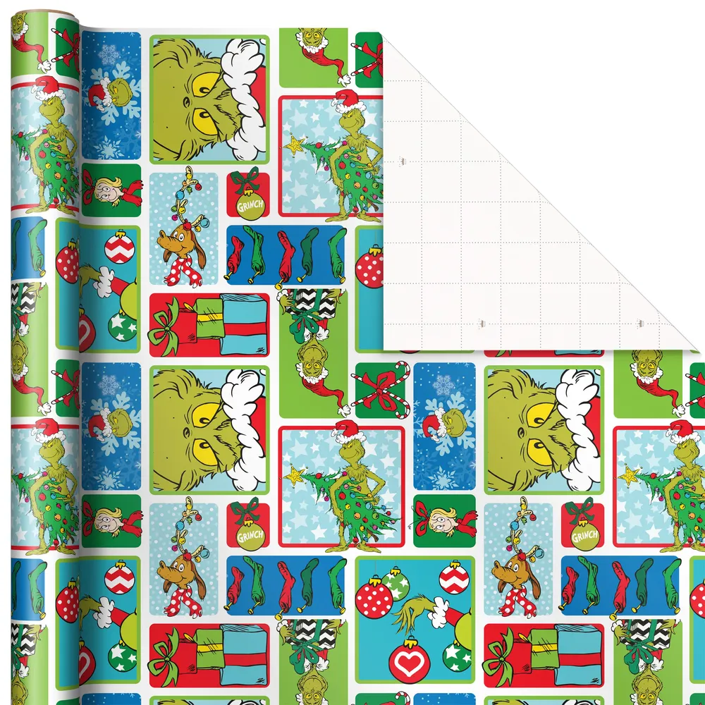 Grinch Wrapping Paper for Kids (3 Rolls: 105 Sq. Ft. Ttl) for Christmas with Blue Tiles, White Snowflakes, Cindy Lou Who, Max