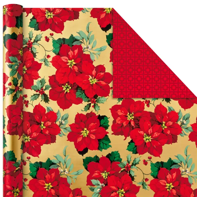 Hallmark Recycled and Recyclable Christmas Wrapping Paper with Cutlines on  Reverse (3 Rolls: 75 Sq. Ft. Total) Elegant Poinsettia, Merry Christmas