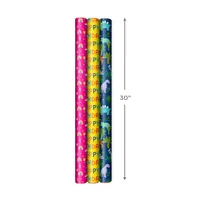 Kids Birthday Wrapping Paper (3 Rolls: 75 sq. ft. total) Pink Rainbows, Blue Dinosaurs, Yellow