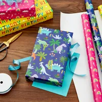 Kids Birthday Wrapping Paper (3 Rolls: 75 sq. ft. total) Pink Rainbows, Blue Dinosaurs, Yellow