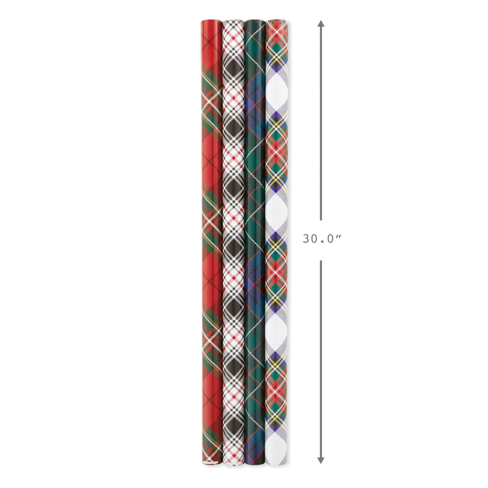 Christmas Wrapping Paper Bundle with Cut Lines on Reverse, Plaid (Pack of 4, 120 sq. ft. ttl)