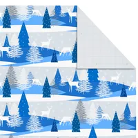 Flat Christmas Wrapping Paper Sheets with Cutlines on Reverse and Gift Tag Seals (12 Folded Sheets, 16 Gift Tag Stickers) Blue and Silver Snowflakes, Deer Forest Scene, Blue Tartan Plaid