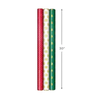 Red, Green, Gold Christmas Wrapping Paper Set (90 sq. ft. ttl, 10 Bows, 4 Ribbon Colors, 40 Gift Tag Stickers) Stripes, Snowflakes, Trees