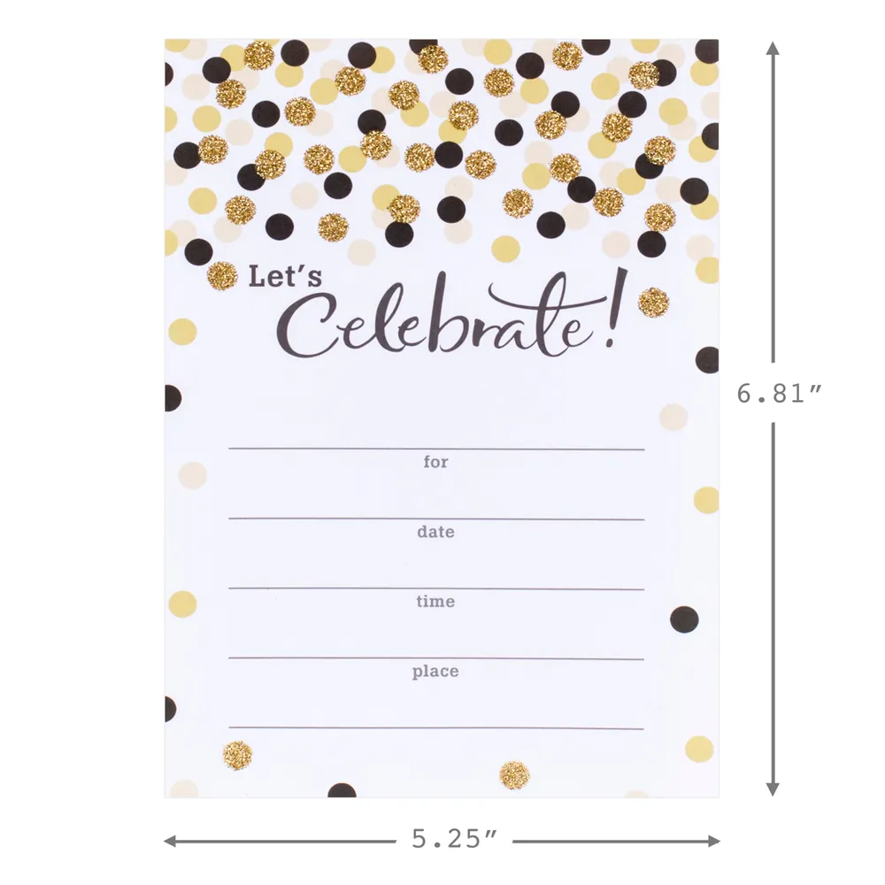 Party Invitations (Let's Celebrate with Gold and Black Dots, Pack of 20)