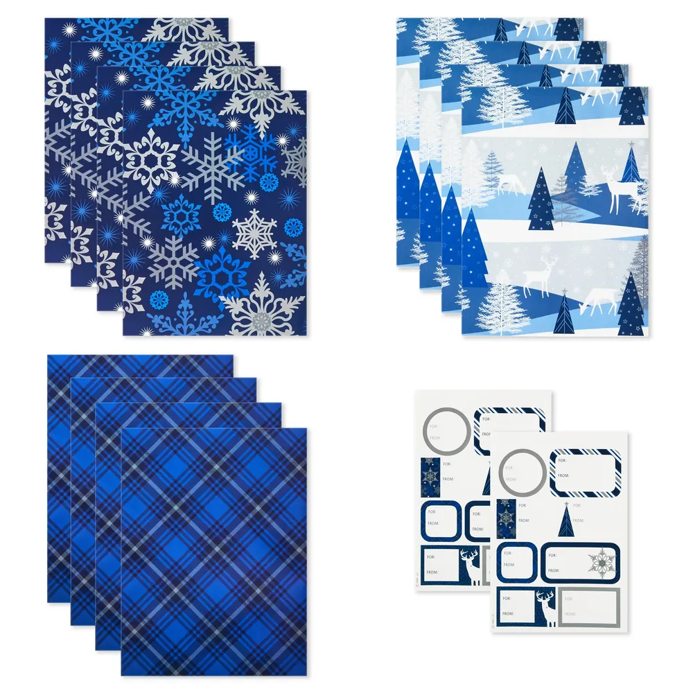 Flat Christmas Wrapping Paper Sheets with Cutlines on Reverse and Gift Tag Seals (12 Folded Sheets, 16 Gift Tag Stickers) Blue and Silver Snowflakes, Deer Forest Scene, Blue Tartan Plaid