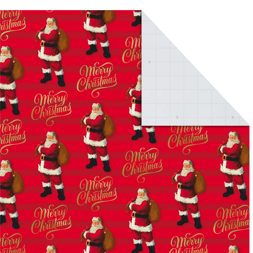 Flat Christmas Wrapping Paper Sheets with Cutlines on Reverse and Gift Tag Seals (12 Folded Sheets, 16 Gift Tag Stickers) Red, White and Gold Stripes, Santa Claus, Snowflakes on Plaid